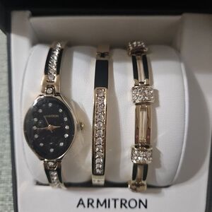 Armitron Gold-Tone Watch and Crystal Accent Bracelet Set - Black Dial